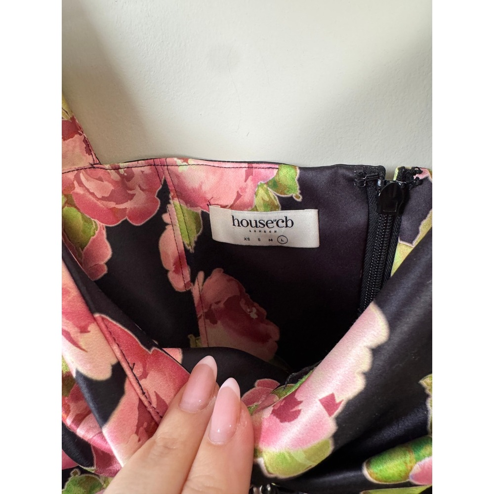 House of CB Black Pink Floral Satin Puff Sleeve Mini Dress Size L Rose Print - Picture 6 of 10